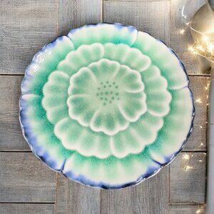 Pier 1 Imports Crackle Glaze Flower Shape Dish Plate Trinket Holder Blue Green